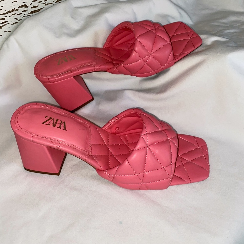 Zara Pink Quilted Block Heel Slide Sandals